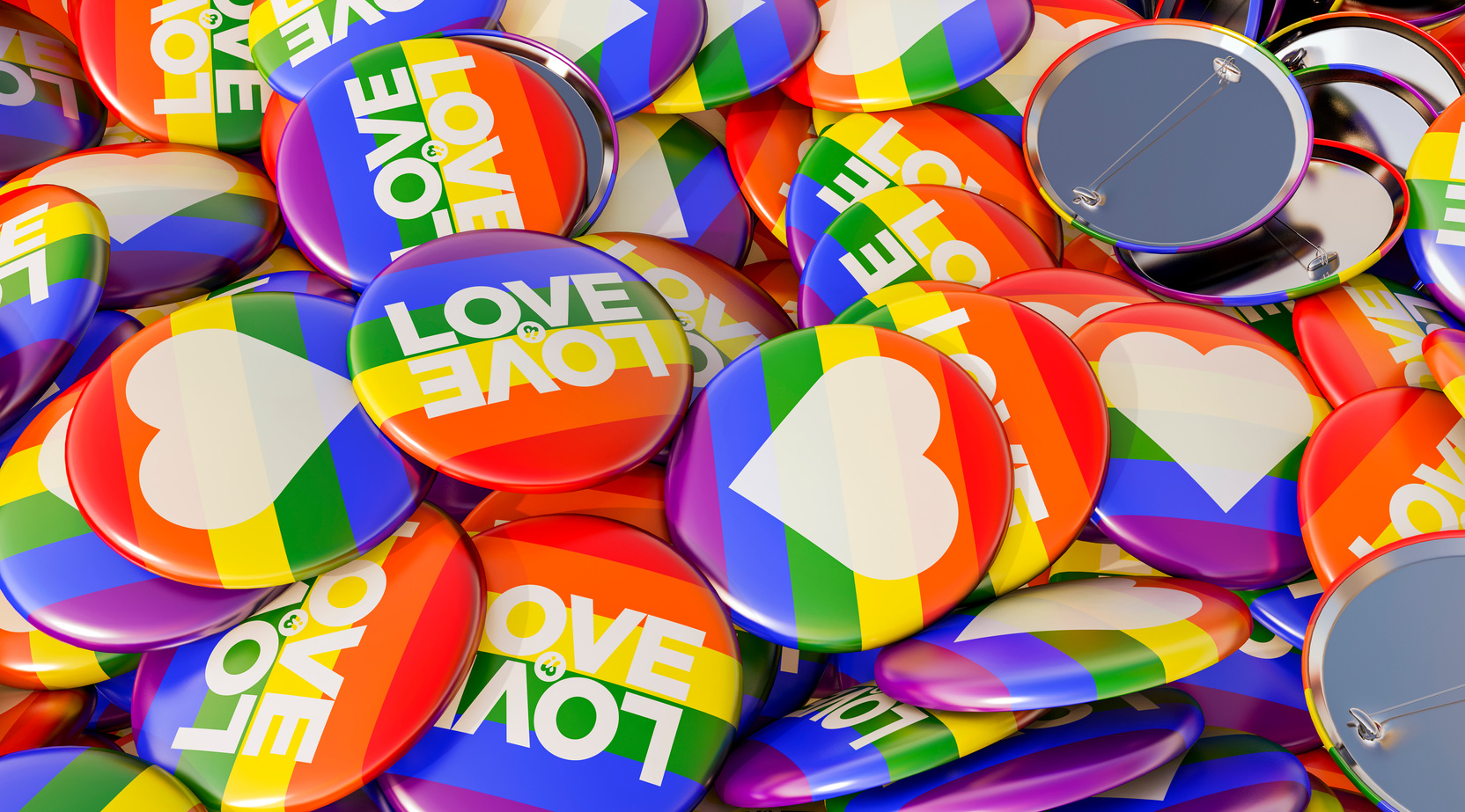 Gay Pride- Pile of Rainbow Flag Buttons 3D Illustration